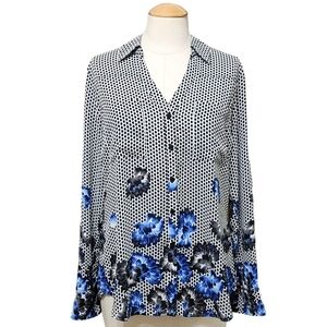 Express Portofino Shirt Long Sleeve Black White Blue Floral V Neck EUC Womens M